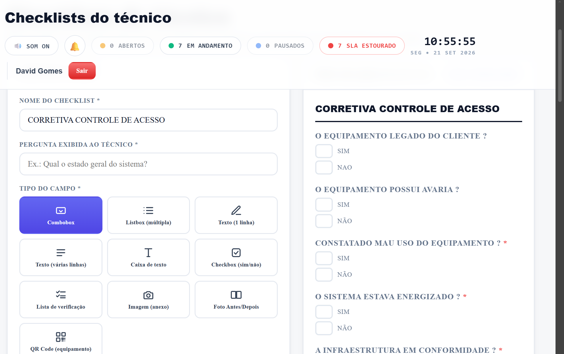 Tela de montagem de checklist personalizado, com os tipos de campo disponíveis e a pré-visualização ao lado